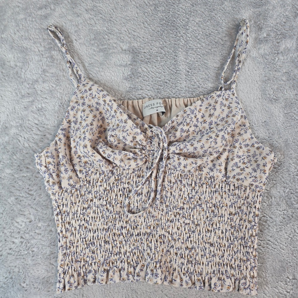 Dress Forum Women Medium Cream Floral Smocked Camisole Top Tie Front Ruffle